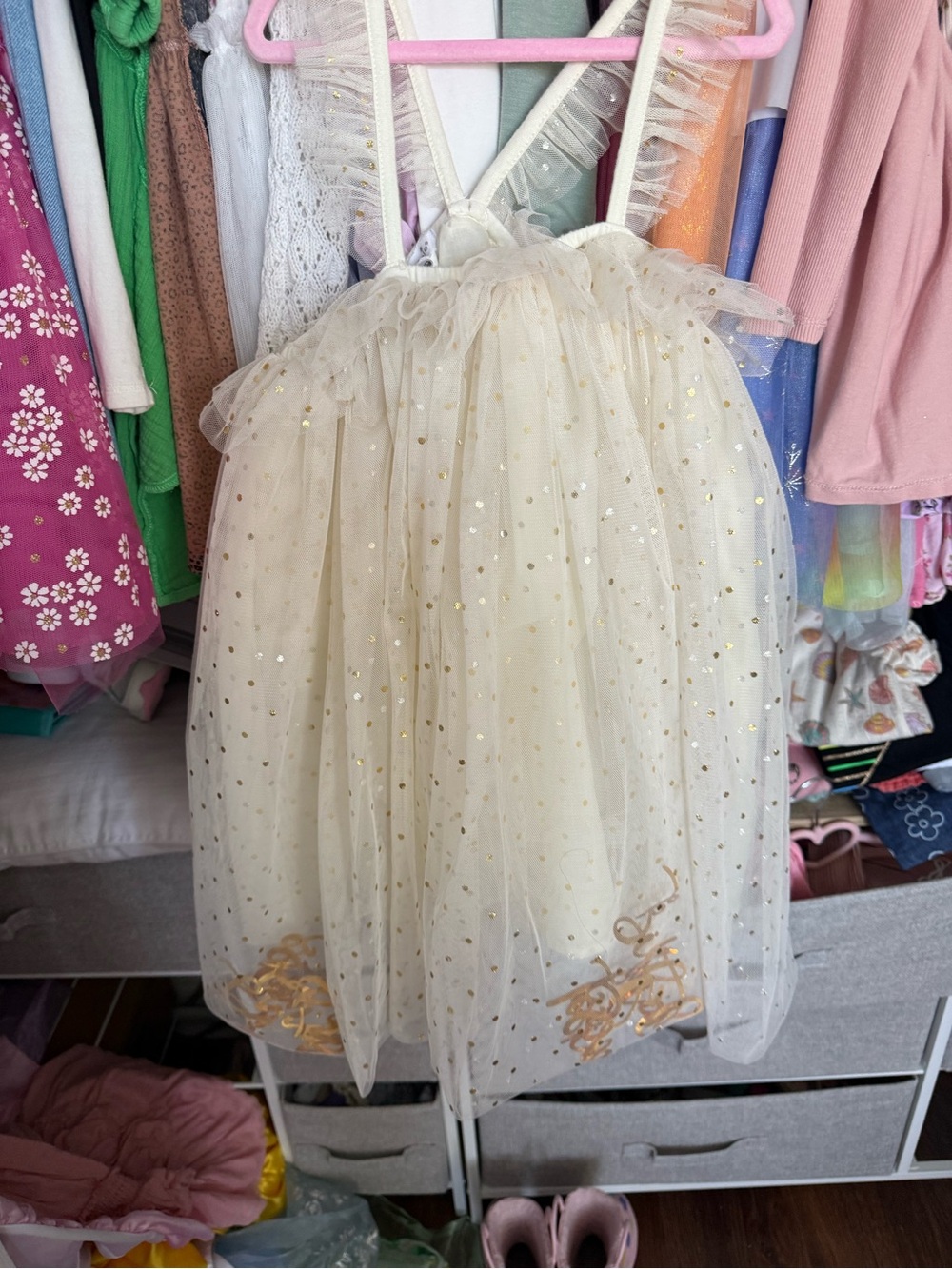 Girls Birthday Tulle Party Dress with Gold Sparkle